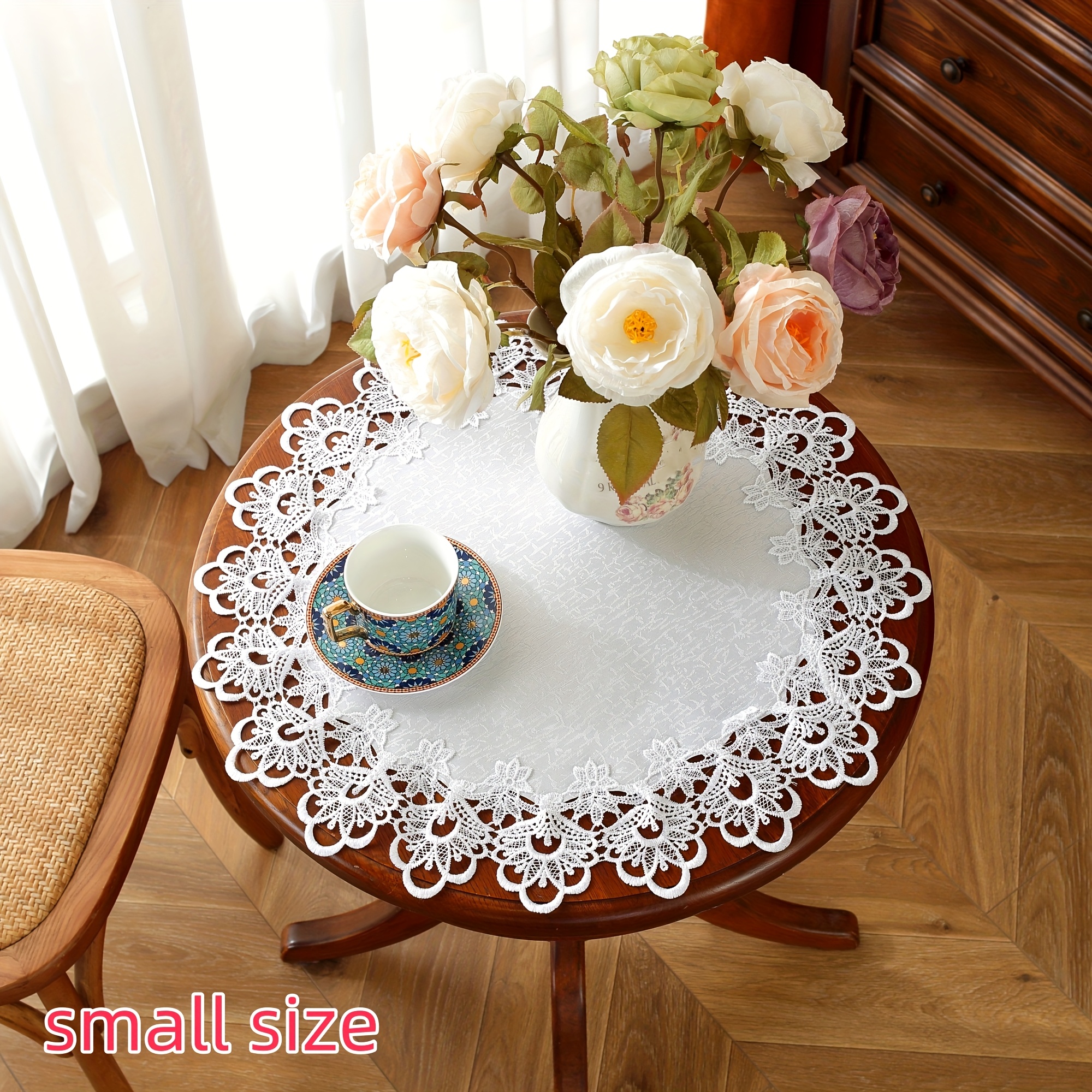 1pc elegant white lace round tablecloth 100 polyester woven fabric machine made decorative   mat for   room bedroom picnic holiday decor gift party wedding 0