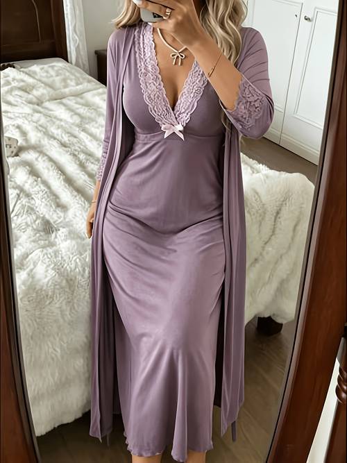 womens romantic lace trim pajama set 2pcs v neck slip nightgown open front cozy loungewear sleepwear for home bridal feminine bow accent breathable fabric