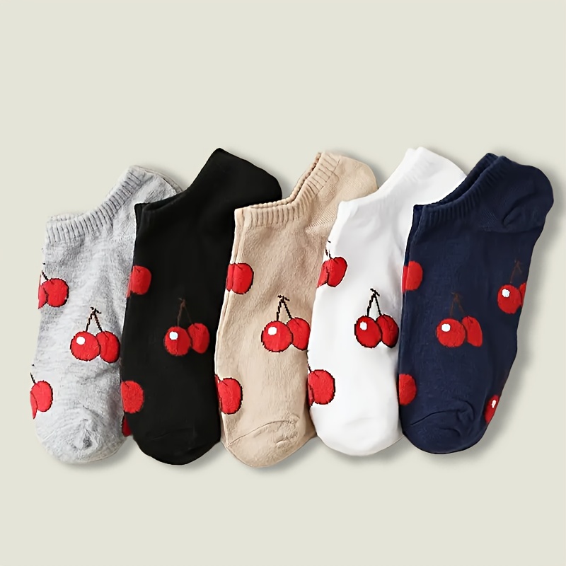 TEMU 5 Pairs Women' Cherry Print Short Socks, 98% Polyester 2% Spandex , Knit Fabric, Fruit & Vegetable Pattern, Casual