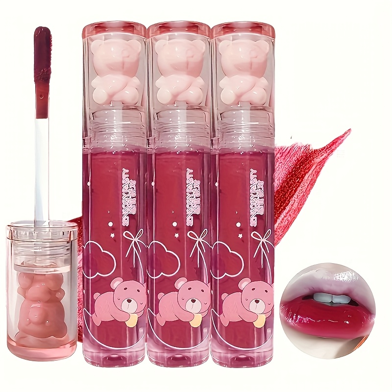 easter 3pcs set strawberry bear cherry lip gloss cute bear     jelly lip with sparkling dew durable waterproof and stain resistant transparent film   lip gloss full lip color a good gift for women easter gifts for halloween