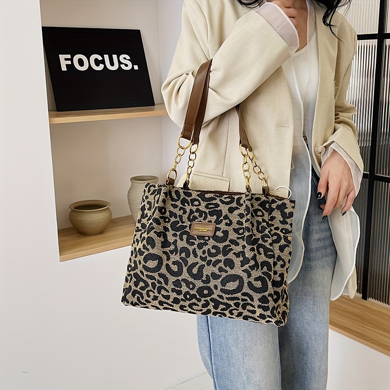 

Leopard Print Tote Bag For Women, Fashionable Shoulder Bag, Large Capacity Fabric Underarm Handbag