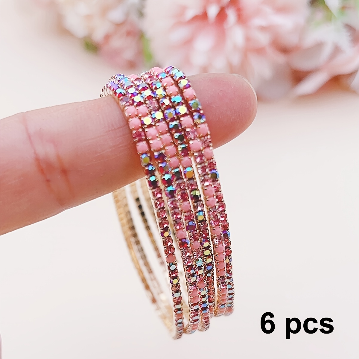Image of 6/10/20pcs With Rhinestones, Y3 Sweet Pink 's Day Women's Stretch Bangle, Versatile For Daily Wear, Stackable