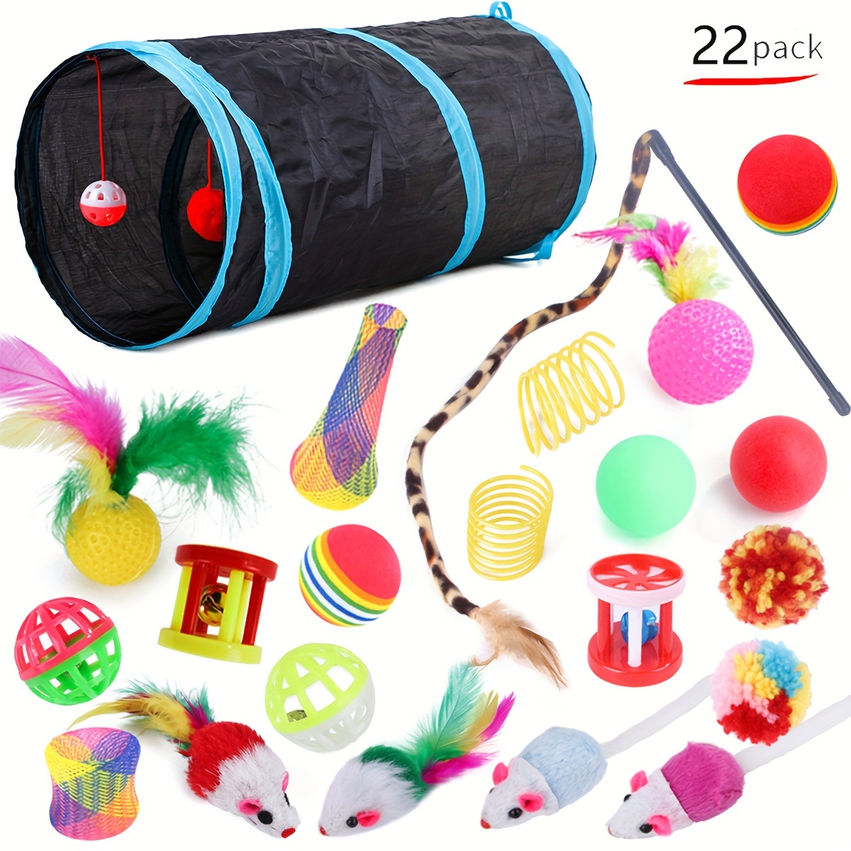 

22pcs Cat Toy Set, Collapsible Tunnel With Bell, Feathers Teaser Wand, Variety Of Mice And Balls, Interactive Play Set For Cats