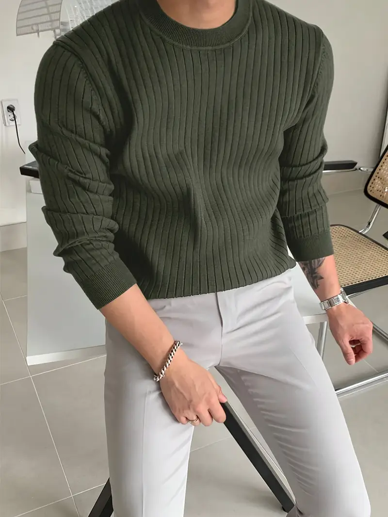 mens fashion casual crew neck long sleeve knit sweater regular fit ribbed pullover tops for spring and fall details 2