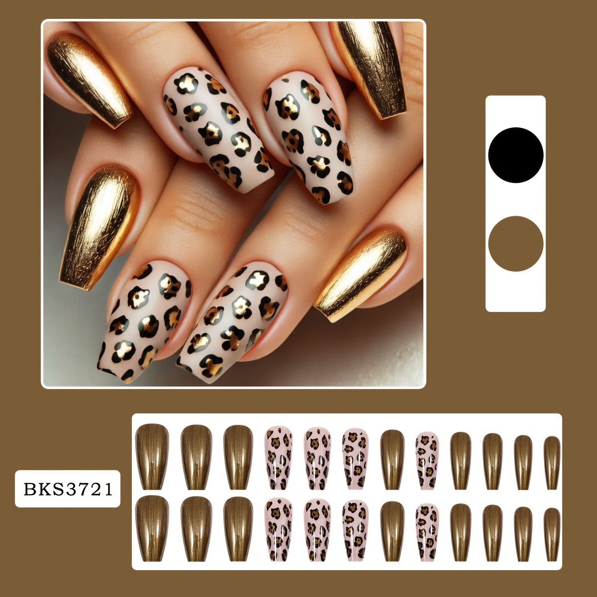 Image of 24pcs Leopard Print Nail Art With Metallic Golden Accents, Trendy Long Coffin Shaped Animal Print Press On Nails