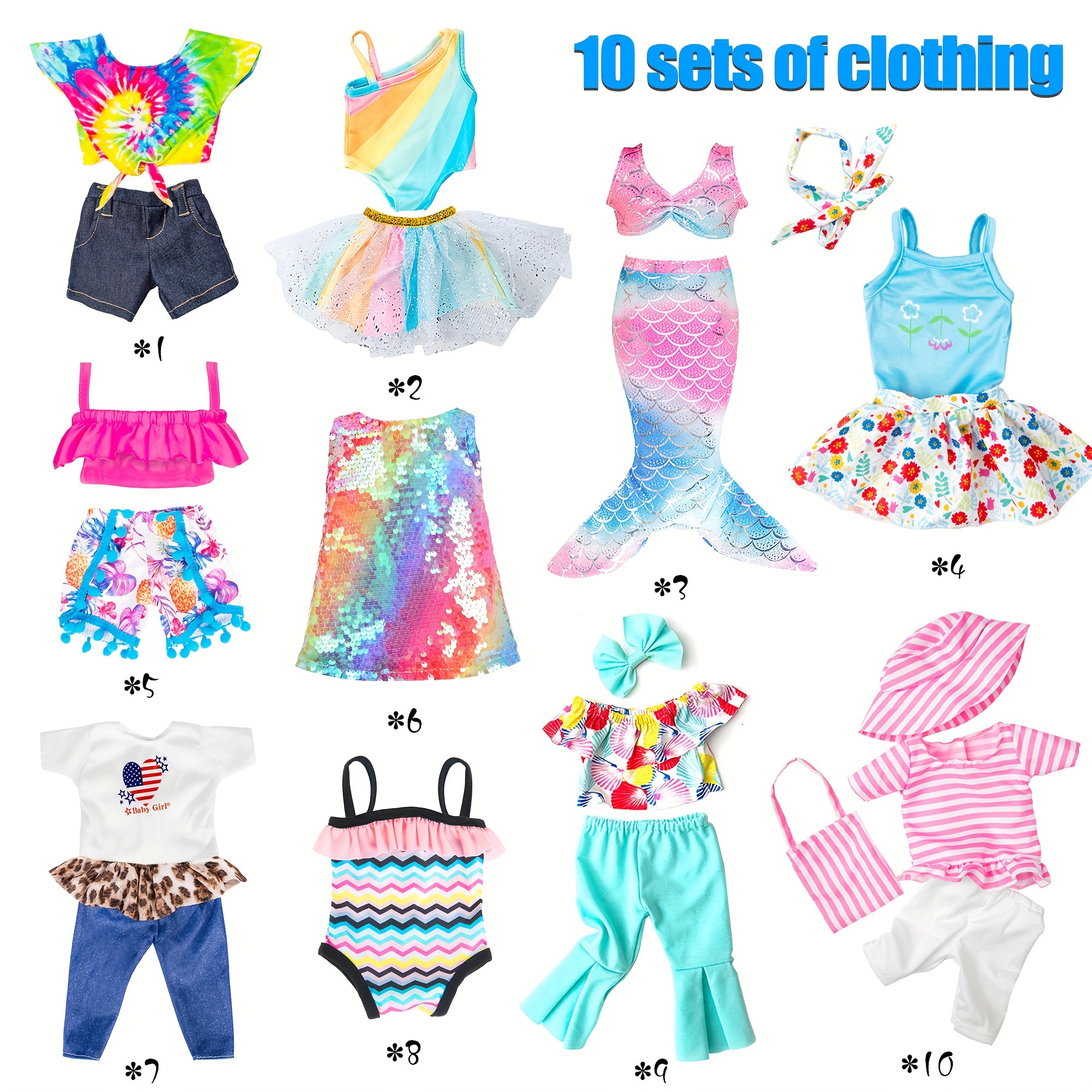 TEMU (no Doll)fashion 10 Sets 18 Inch Doll Clothes And Accessories Play Set Inlcude Mermaid Dress Outfits Bikini Hat Handbag. Christmas Gift For Kids
