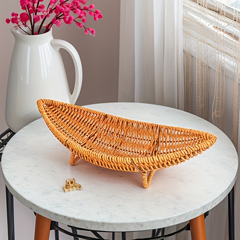 Image of Handcrafted Plastic Rattan-style Woven Basket, Creative Boat-shaped Desktop Decorative Basket, Small Storage Basket, Suitable For Living Room Coffee Tables And Hotels, Shelf Baskets