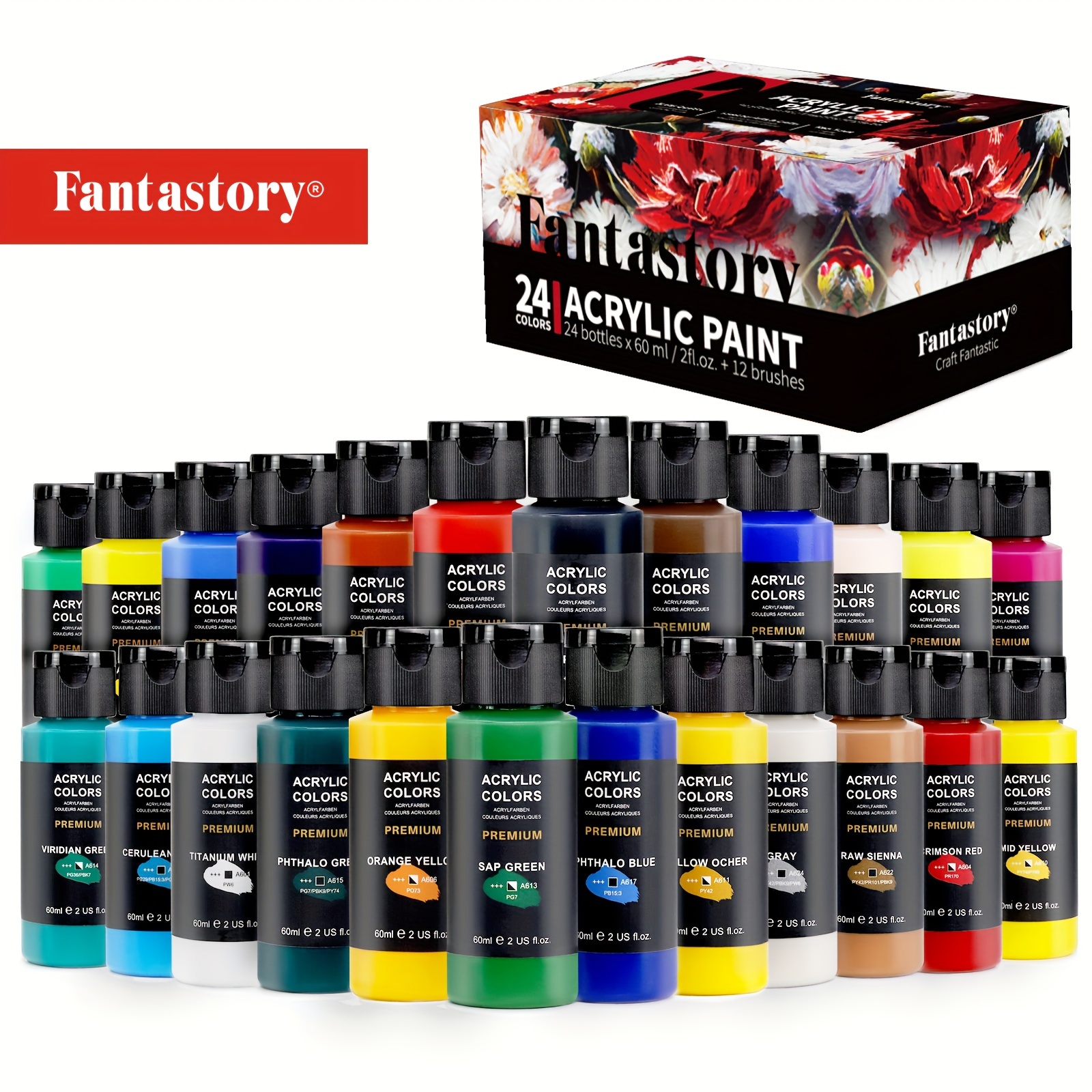 

Fantastory Acrylic Paint Set, 24classic Colors (2oz/60ml), Professional Craft Paint, Art Supplies Kit For Adults, Rock/glass/stonewood Painting With 12 Brushes