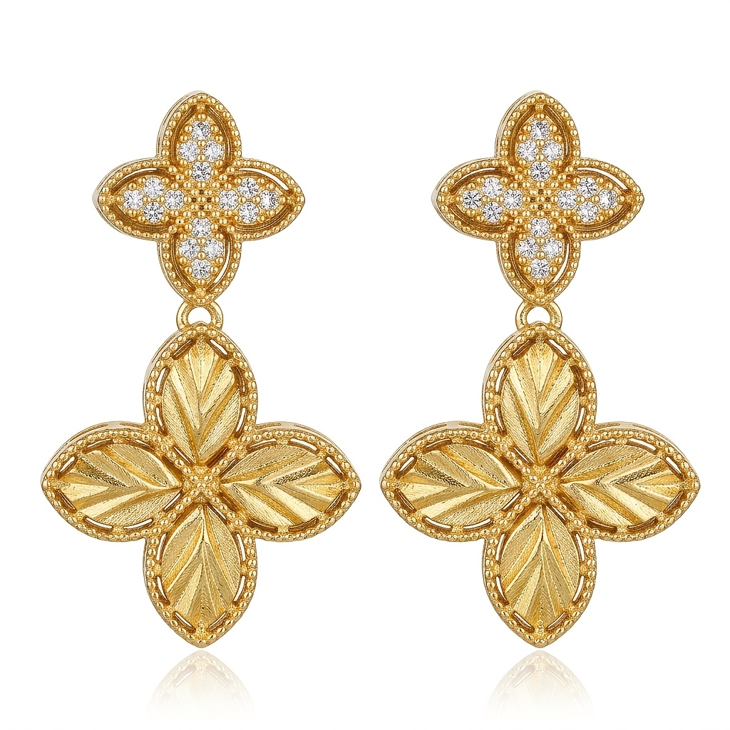 TEMU A Pair Of -leaf Clover Earrings, Vintage Ethnic Style, With Copper Inlay And Synthetic Synthetic Cubic Zirconiaia, Suitable For Daily Wear,