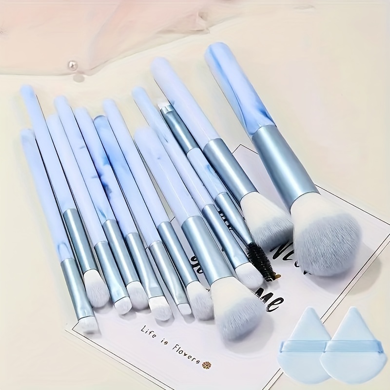 

12pc Blue Makeup Brushes Set, Professional Foundation Powder Blending Blush Concealer Synthetic Fiber Bristles Brush Special Cosmetic Brushes Kit With Powder Puff Makeup Brush Cleaner Pad For Women