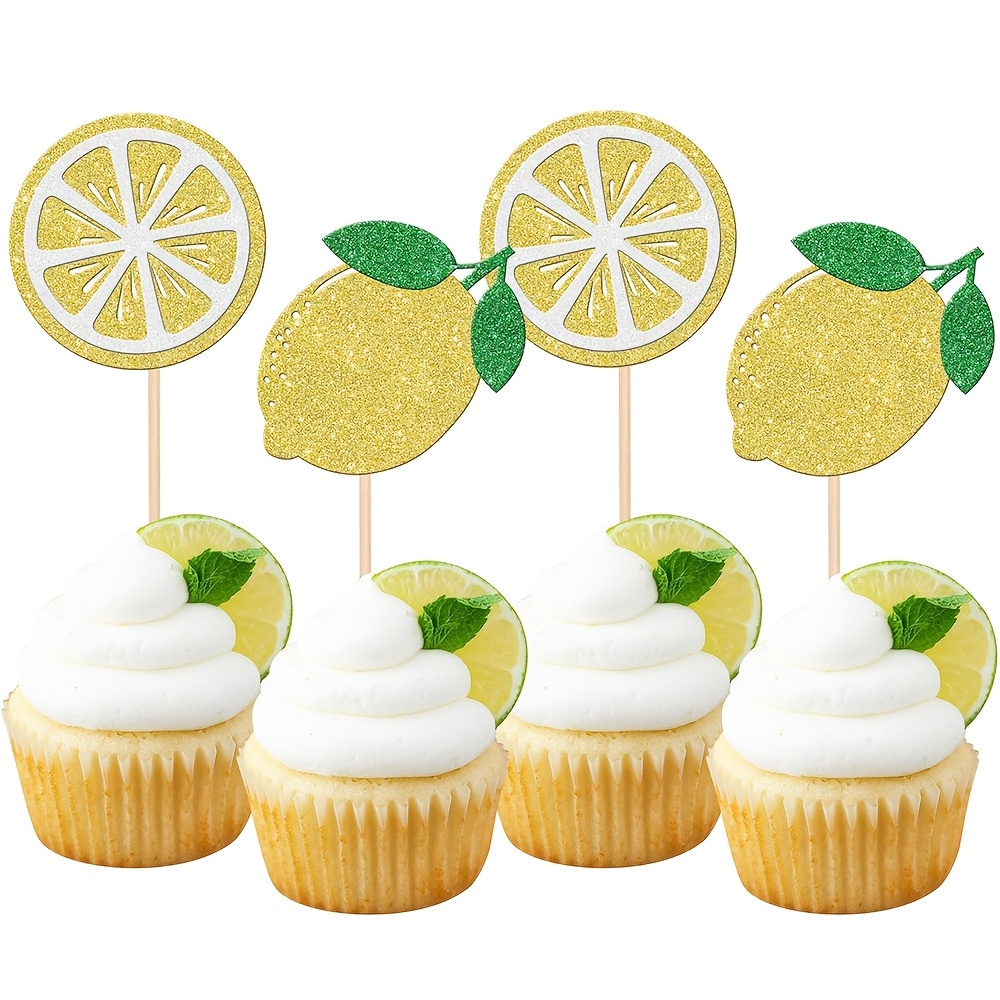 Image of Set Of 12 Lemon-themed Cupcake Decorations Featuring Glitter, Perfect For Lemonade Parties, Weddings, Engagements, Bridal Showers, And Birthday Celebrations, Halloween, Christmas