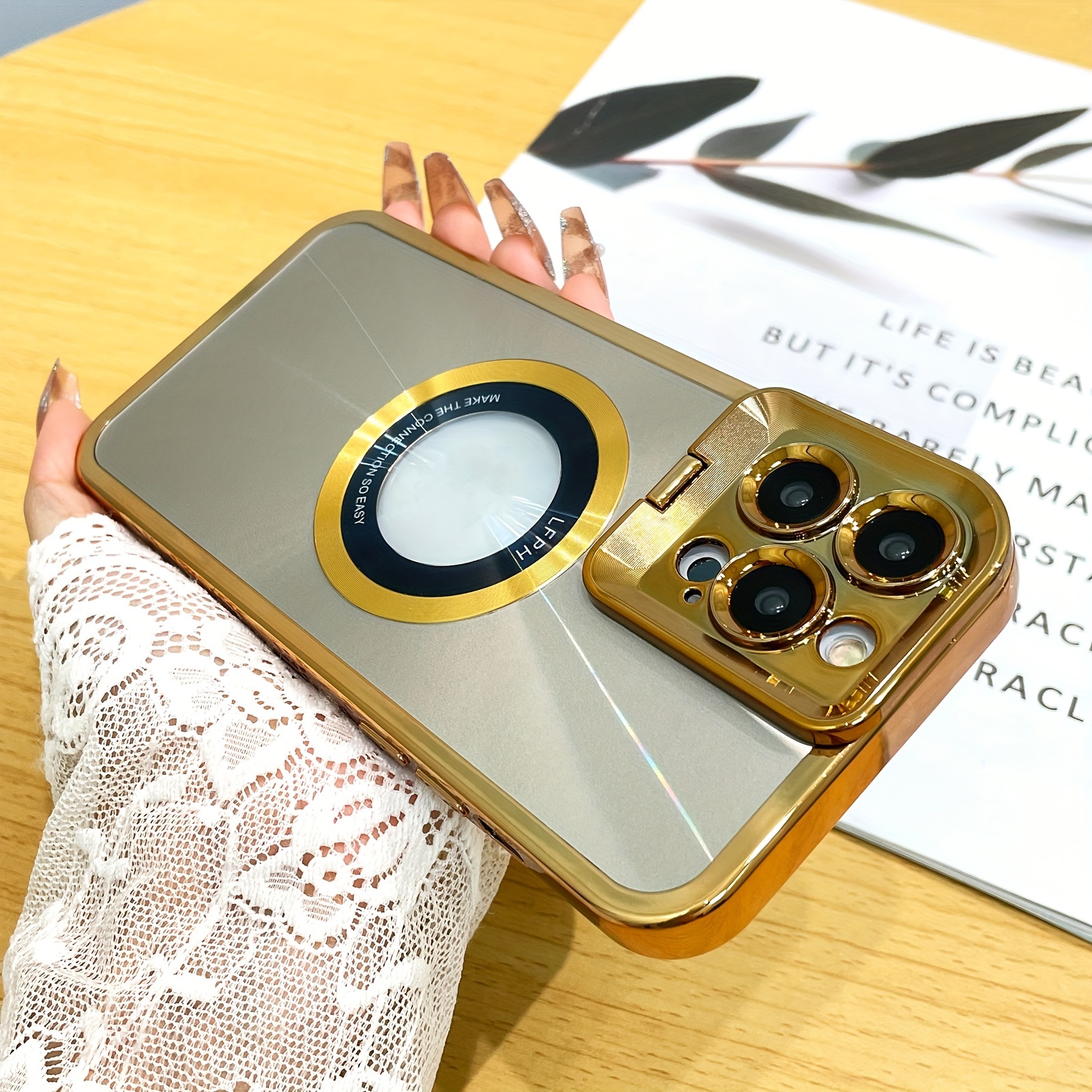 Dazzling Golden Lens Frame Nosilec, magnetna torbica za telefon za IPhone 14 Pro Max, zaščitna torbica za brezžično polnjenje_voghion.com