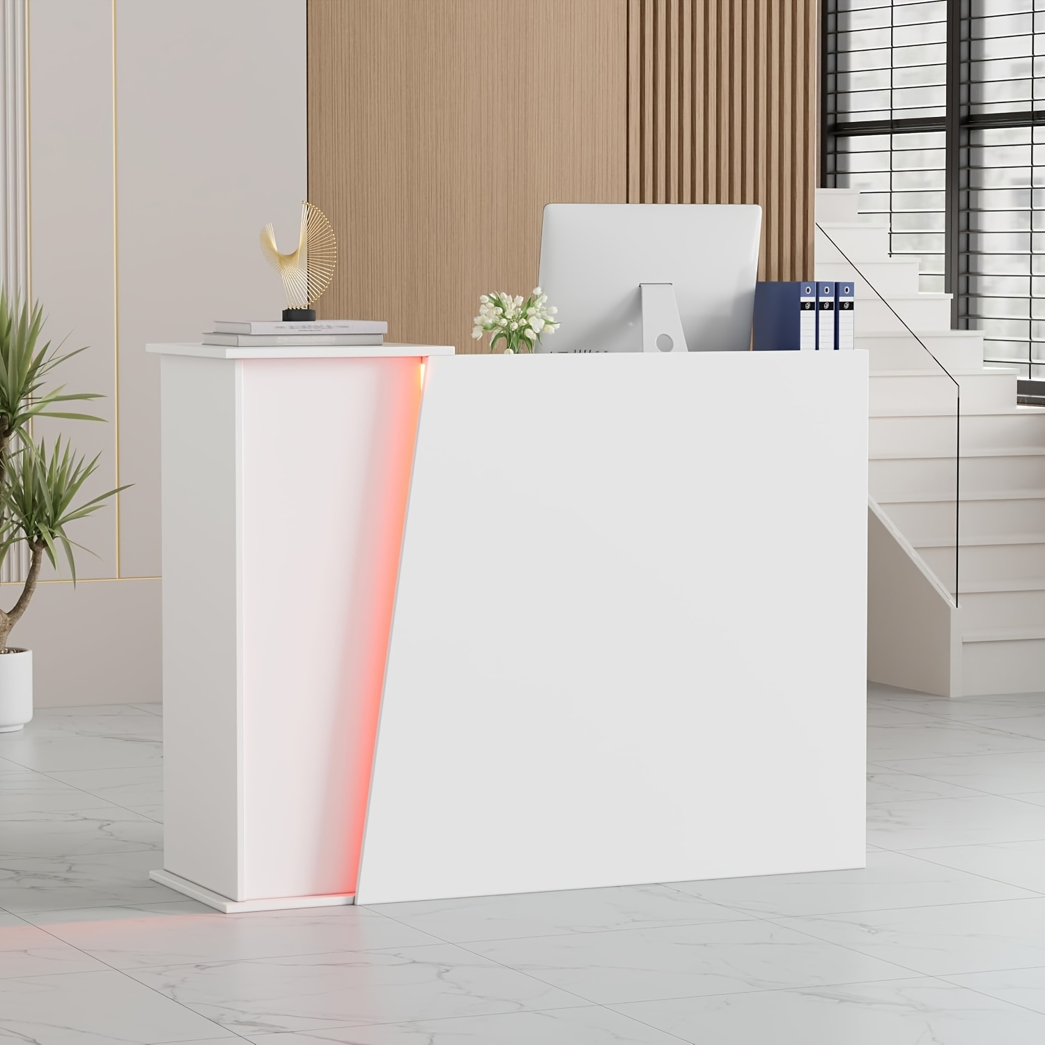 Image of Office Reception Desk, Modern White Reception Counter With Drawer And Cabinet, With Open Shelf, For Office, Company , Hotel, 40d X 117w X 91h Cm