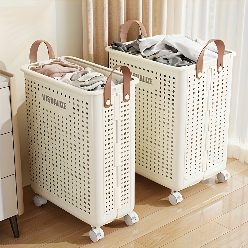 15.8/205GaA Large Foldable Wheeled Laundry Basket (Multiple Sizes Available) Without Lid - Faux Leather, Solid Color, Versatile Folding Portable Laundry Basket for Bathroom and Balcony Storage, Laundry Bag, Laundry Room Accessories, Laundry Baskets