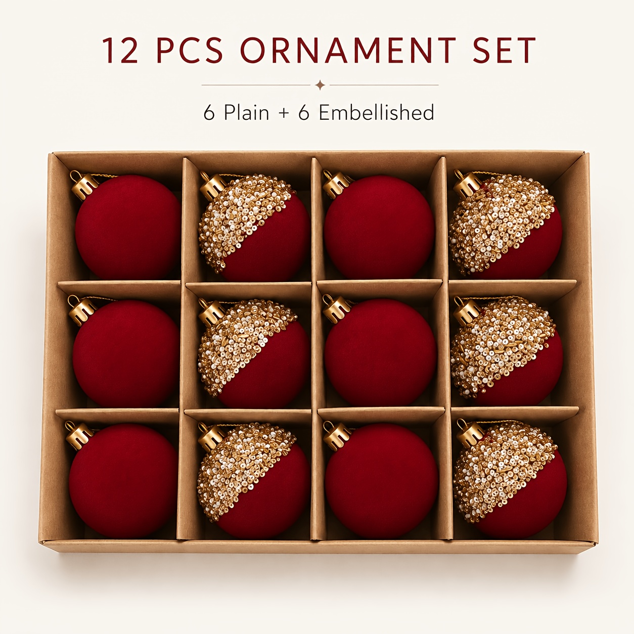TEMU 12pcs 6cm Red Flocked Christmas Ball Ornaments Decorative Balls, 2 Styles Velvet Xmas Tree Hanging Ornaments With Golden Sequin Beaded Accents,