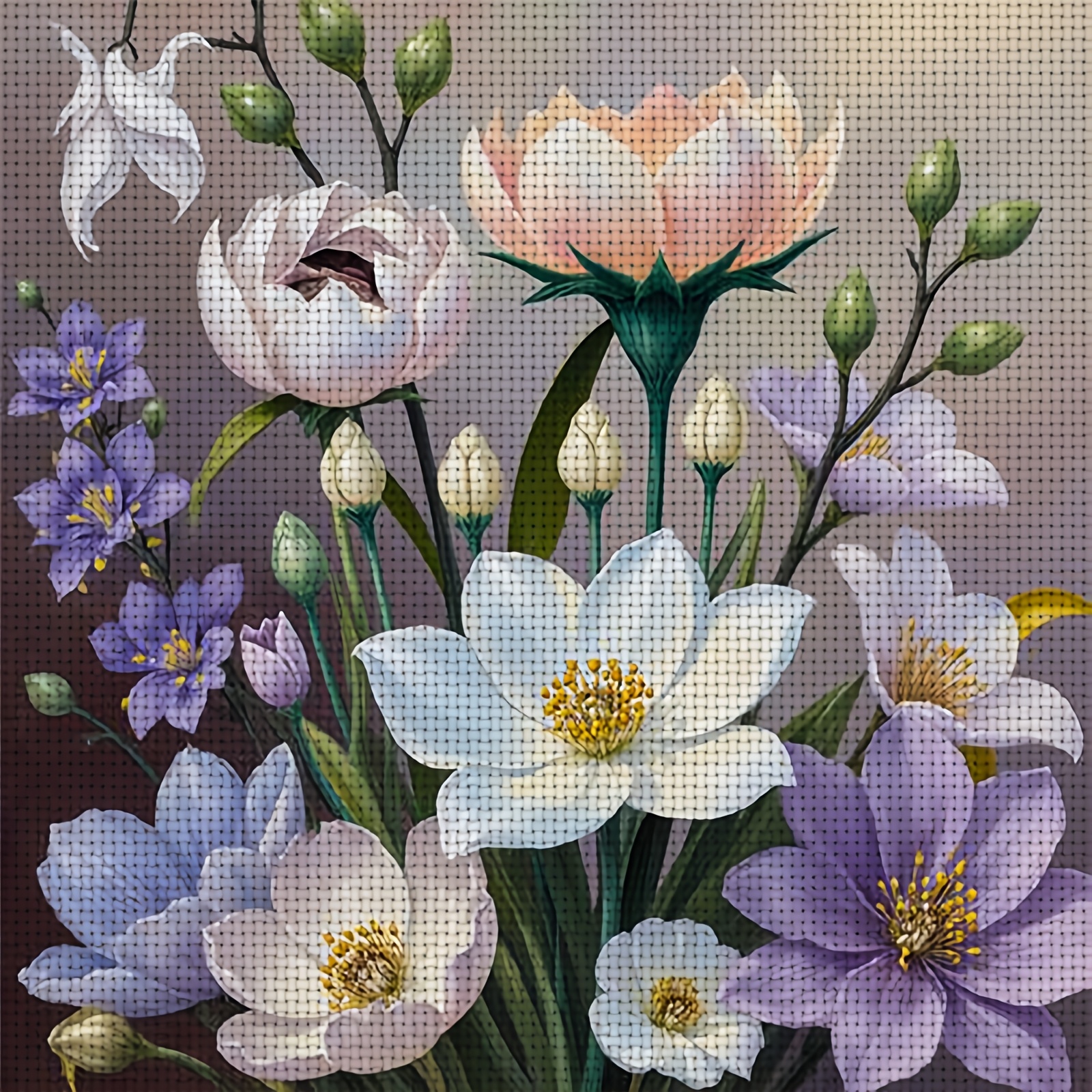 DIY Cross Stitch Print Kit, Frameless, "Colorful Floral Illustration" Pattern