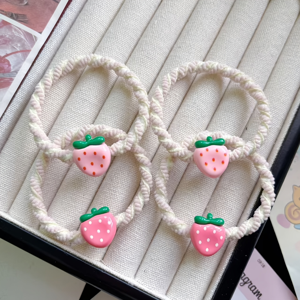 Image of 4pcs Cute Strawberry Macaron Hair Ties Ins Hair Rope All-match Headband Elastic Hairband Ponytail Student Hair Additions