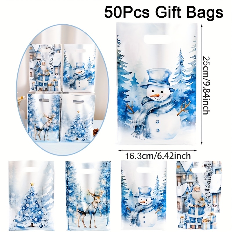 TEMU 50 Christmas Gift Bags With Handles, Winter Party Small Gift Bags, Patterns Santa Claus, Snowman, Elk, Plastic Gift Bags, Reusable, Suitable For