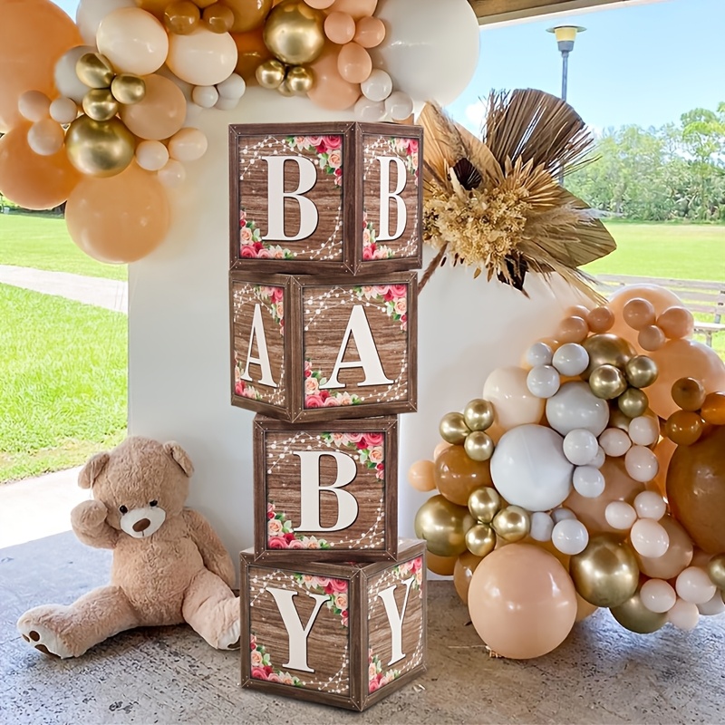 

4pcs, 10.63 Inch Paper Baby Boxes With Letters For Baby Shower, Vintage Wood Grain Stacking Boxes With Flowers Design, Gender Reveal Paper Gift Box Birthday Party Decoration, Baby Shower Decorations