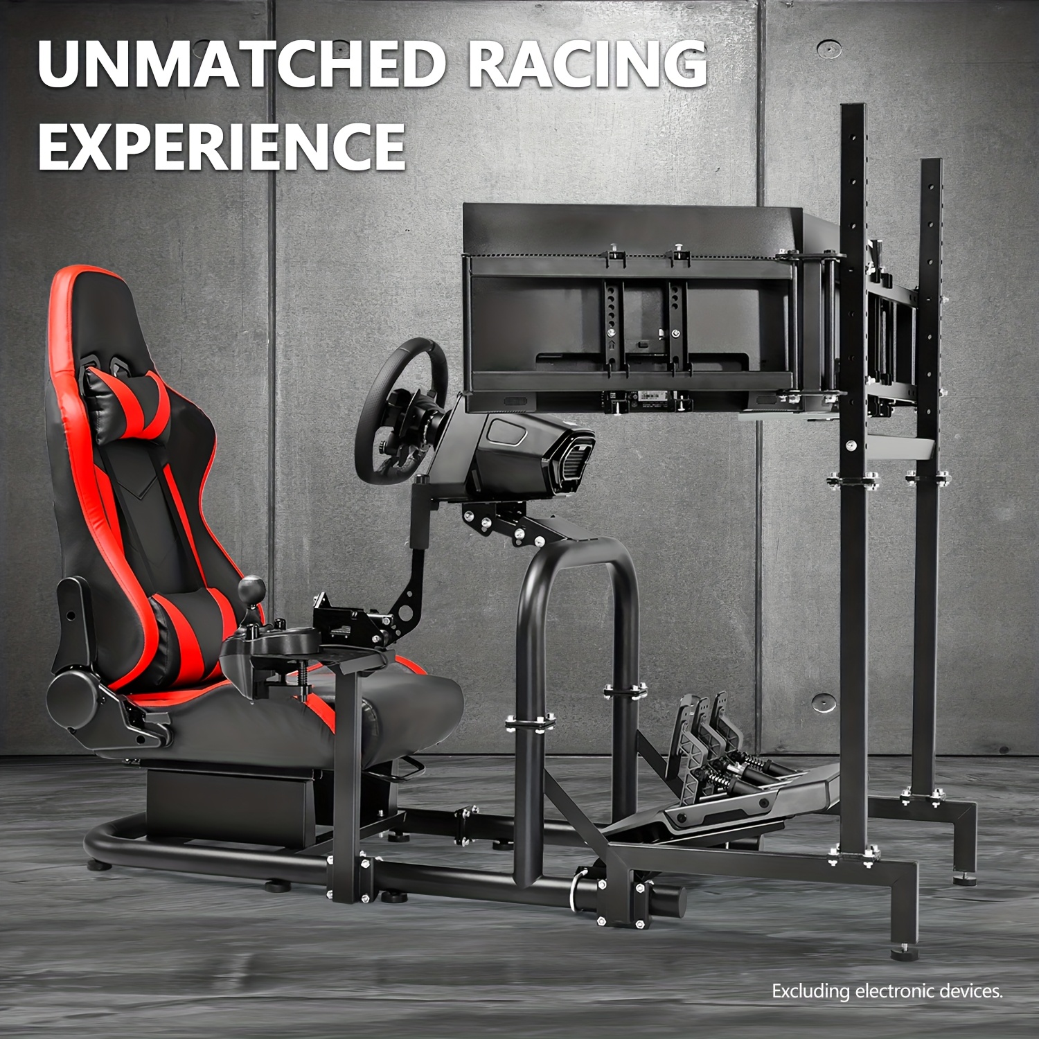 Image of A Racing Simulator Cockpit Stand Designed For Triple Screen Setups, Featuring A Red Seat Compatible With For Logitech\ G29, , , T300rs, And . It Includes A 50mm Large Round Tube For Wheel Stand