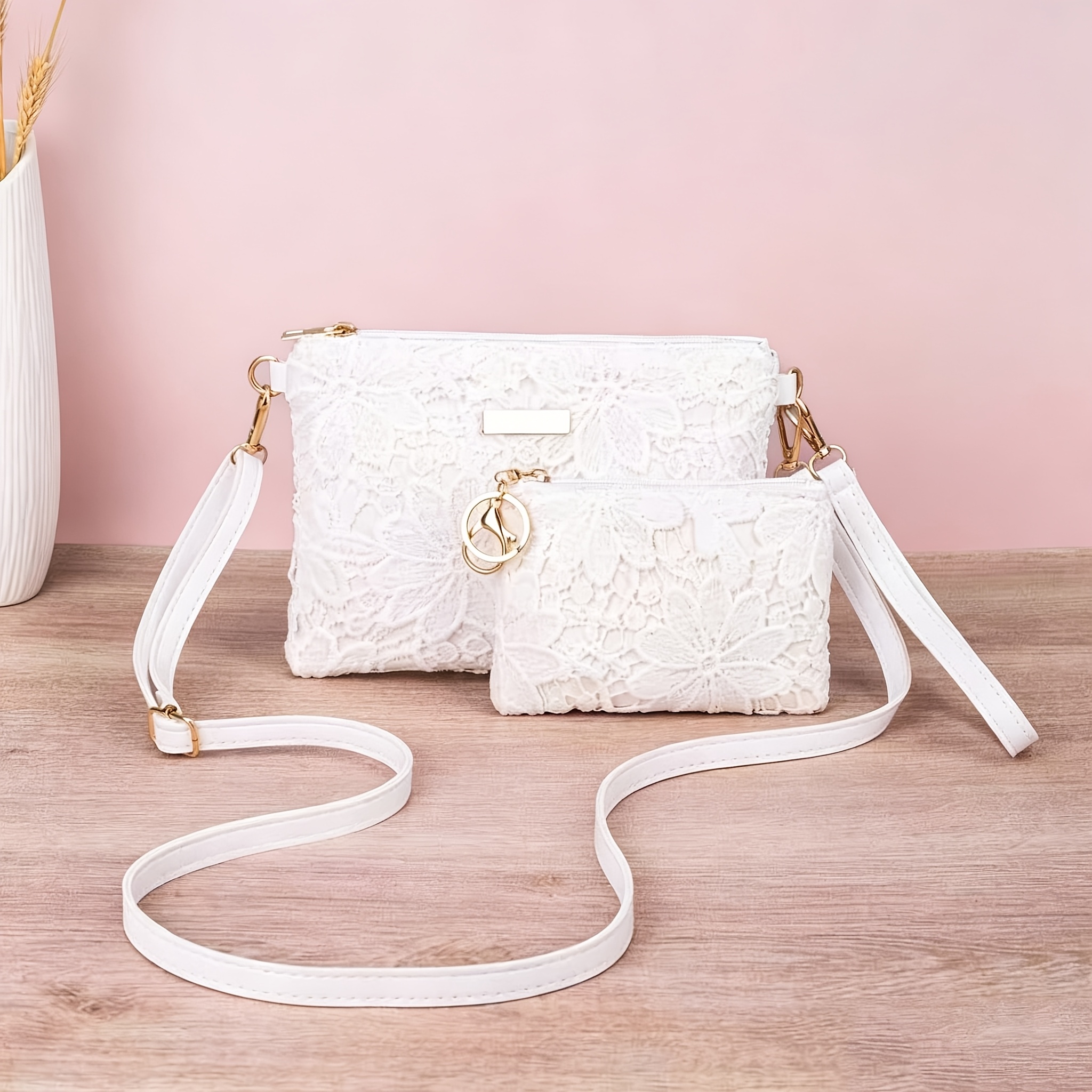 TEMU Set di due pezzi con borsa da trucco a fiori di pizzo, borsa a tracolla/crossbody, organizer cosmetico portatile e casual