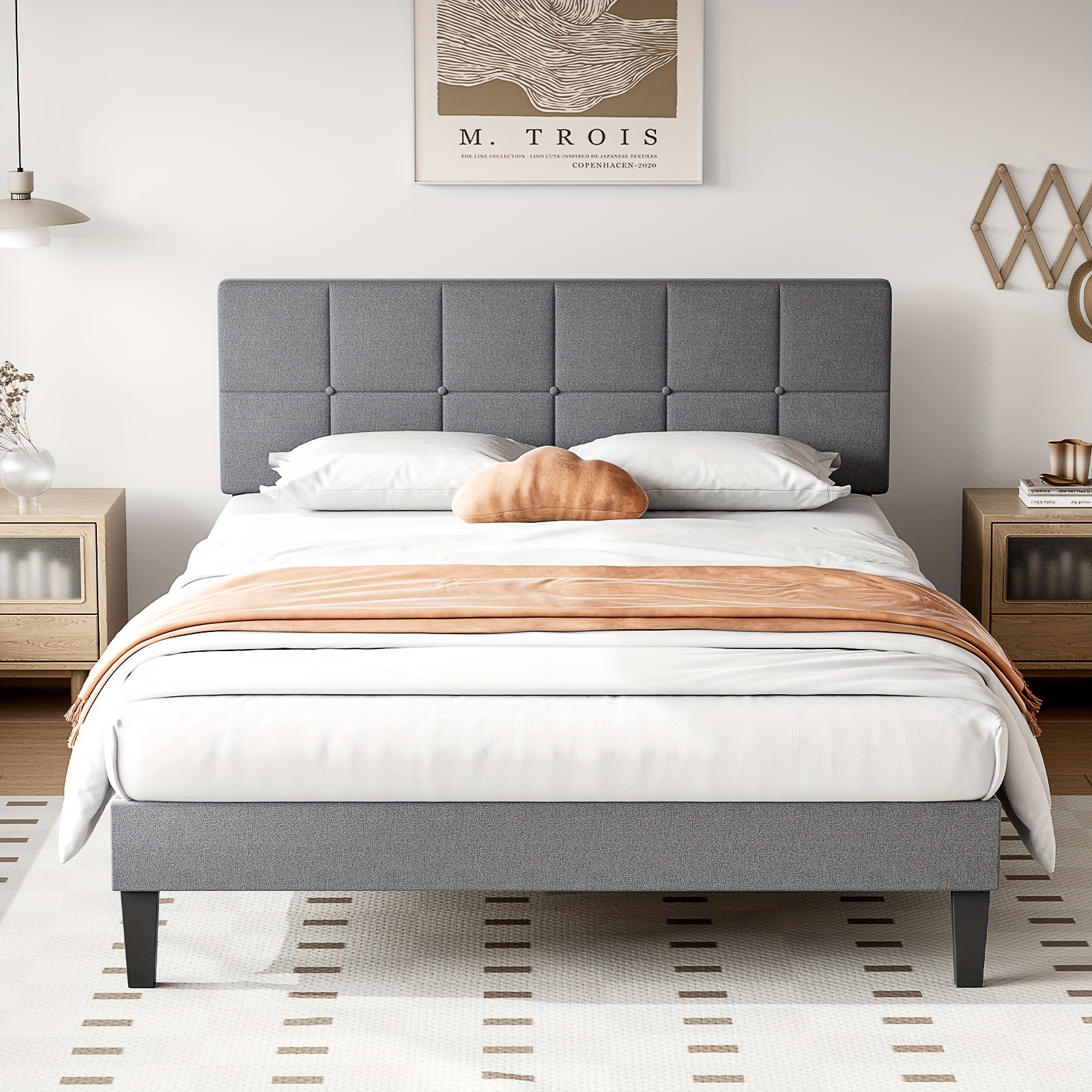 TEMU Twin Bed Frame With Headboard, Spring Needed, Linen Upholstered Platform Bed Frame With Wood Slats Support, , A '