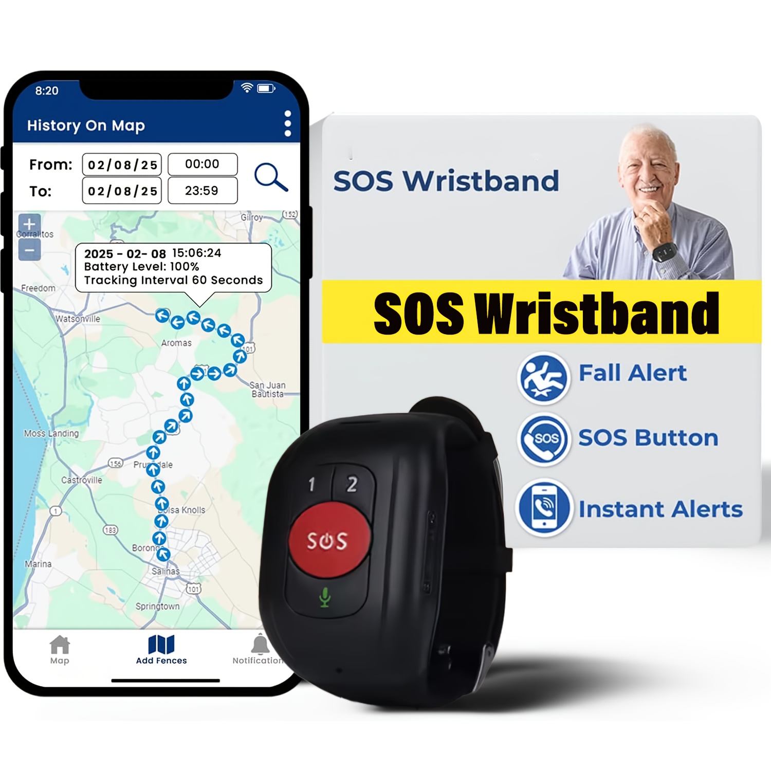 GPS 4G LTE, conçu pour adultes, avec détection de chute, suivi GPS, notifications d'urgence, communication bidirectionnelle, autonomie prolongée, bouton SOS pour les urgences, adapté aux personnes âgées et aux personnes handicapées