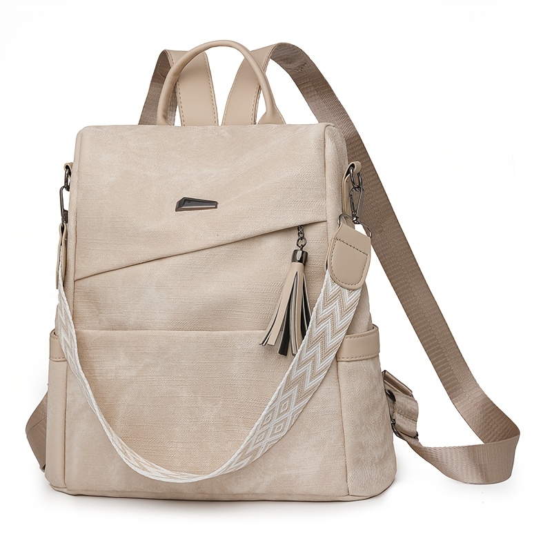 TEMU Mochila Convertible Beige para Mujer con Decoración de Borlas, Correa Tejida, Tejido , Asa Superior, Diseño Antirrobo, Múltiples Bolsillos,