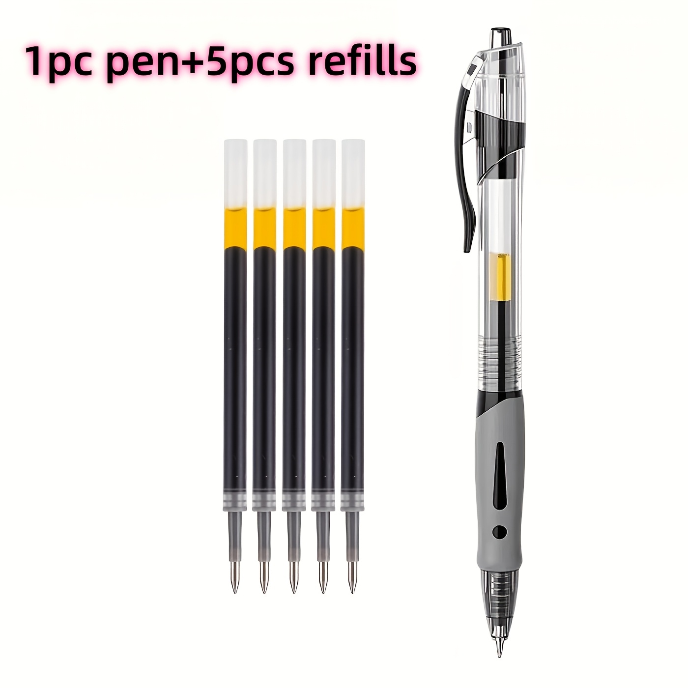 TEMU 6pcs Large-capacity Gel Pen Set, 0.5mm Fine Point, Black Ink, Includes 1 Pen + 5 Refills, Comfortable Grip, Quick-drying, Smooth Writing, Ideal