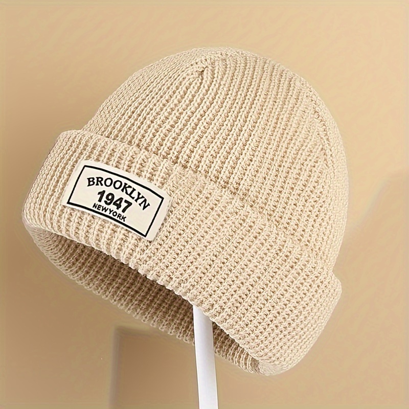 

1947 Acrylic Knit Skullies & Beanies - High Stretch Alphabet Patterned Hip Hop Beanie, Warm Knitted Cap For Outdoor Activities, Hand Wash/ - Makefge