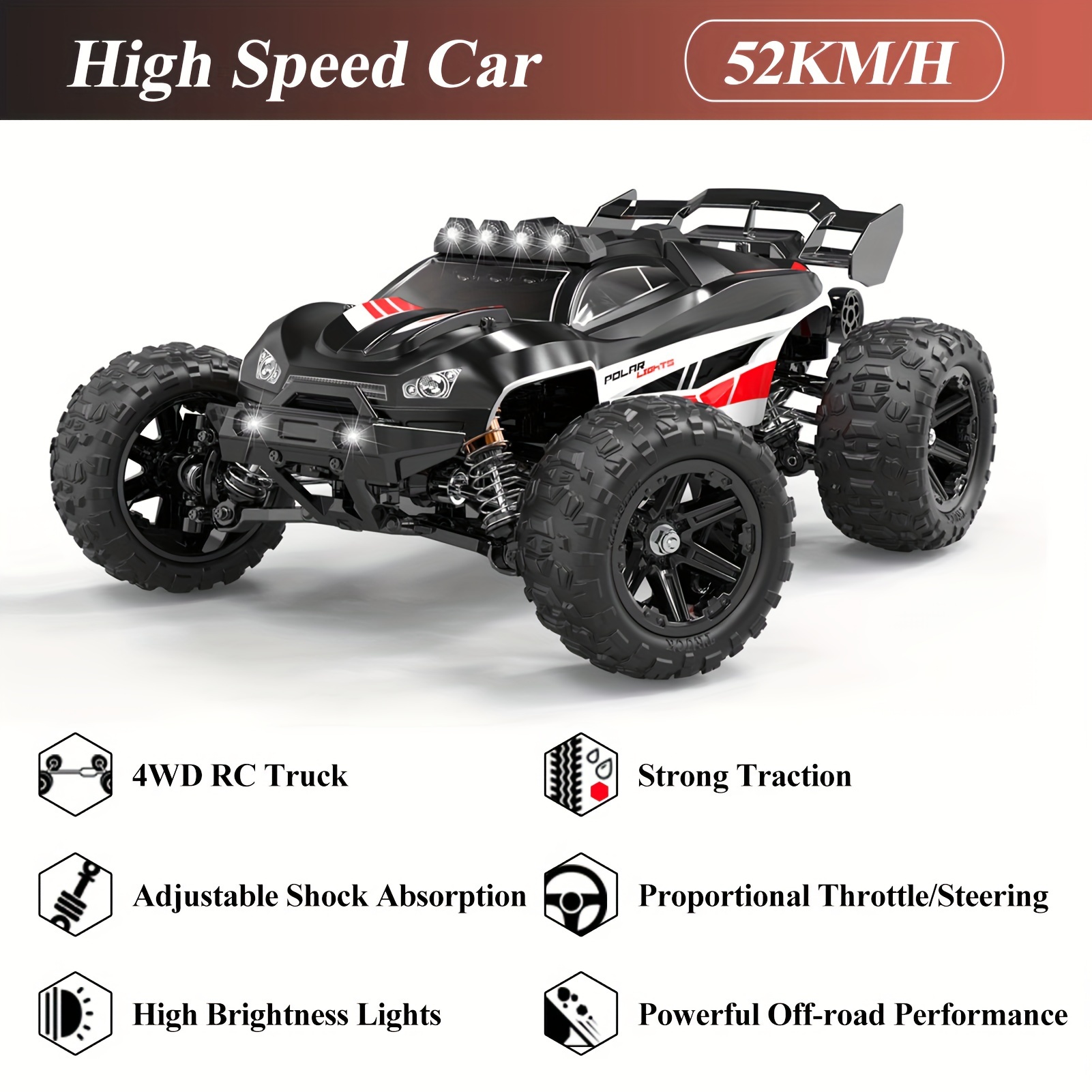 Flypear 1: 14 Full Scale Brushless 4WD RC Car With Head-up Wheel, All Terrain Off Road Vehicle With Extra PVC Car Shell, 52KM/H High Speed Racing Drifting Climbing Truck, LED Lights, Damping System, Large Amplitude/Torque Steering Gear, Birthday Easter Halloween Christmas Gifts