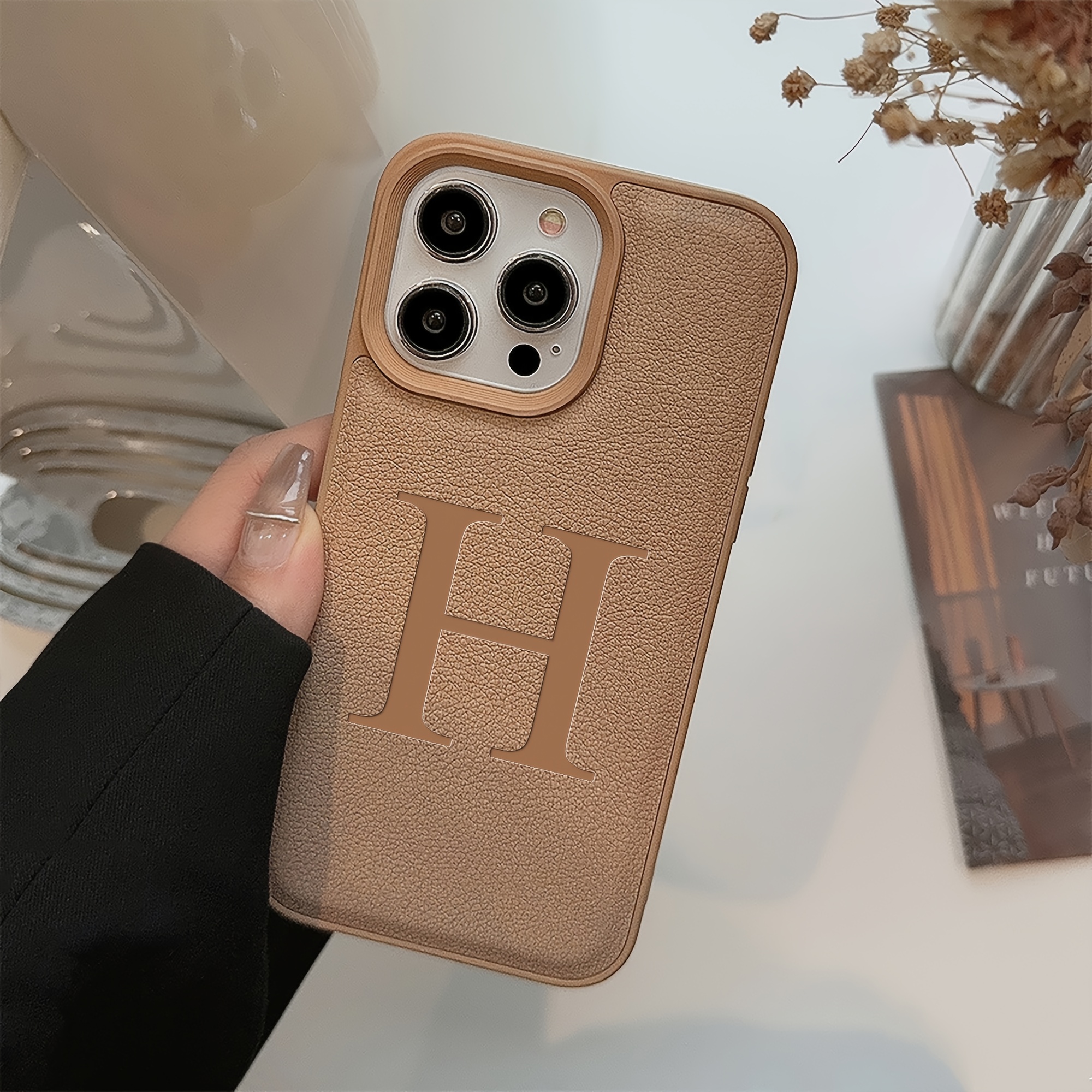 TEMU Phone Case - Personalized Fashionably Easy Customized Name Initial Diy Solid Color Faux Leather Phone Case Compatible With Iphone 11 12 13 17 18