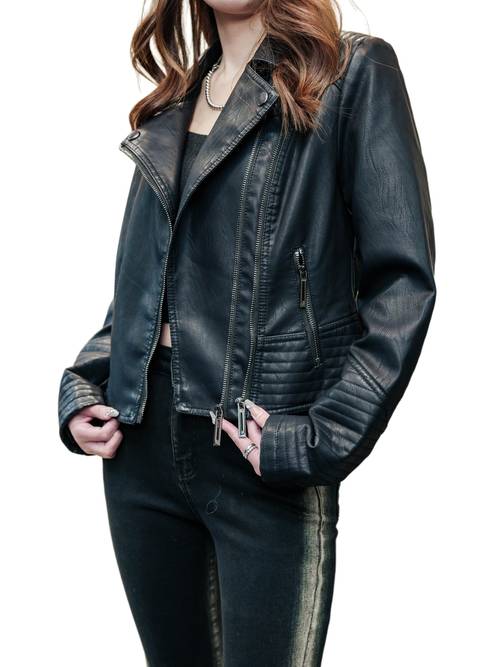 womens fashion pu jacket with double zippers front lapel fit long sleeve top womens clothing