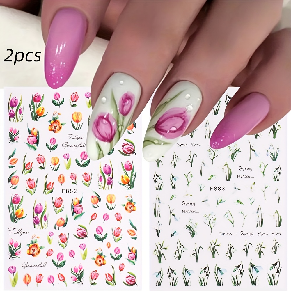 2pcs Spring Flowers Nail Art Stickers, 3d Colorful Tulip White Orchid Grass Leaves Nail Decals Self Adhesive, Diy Manicure Nail Supplies