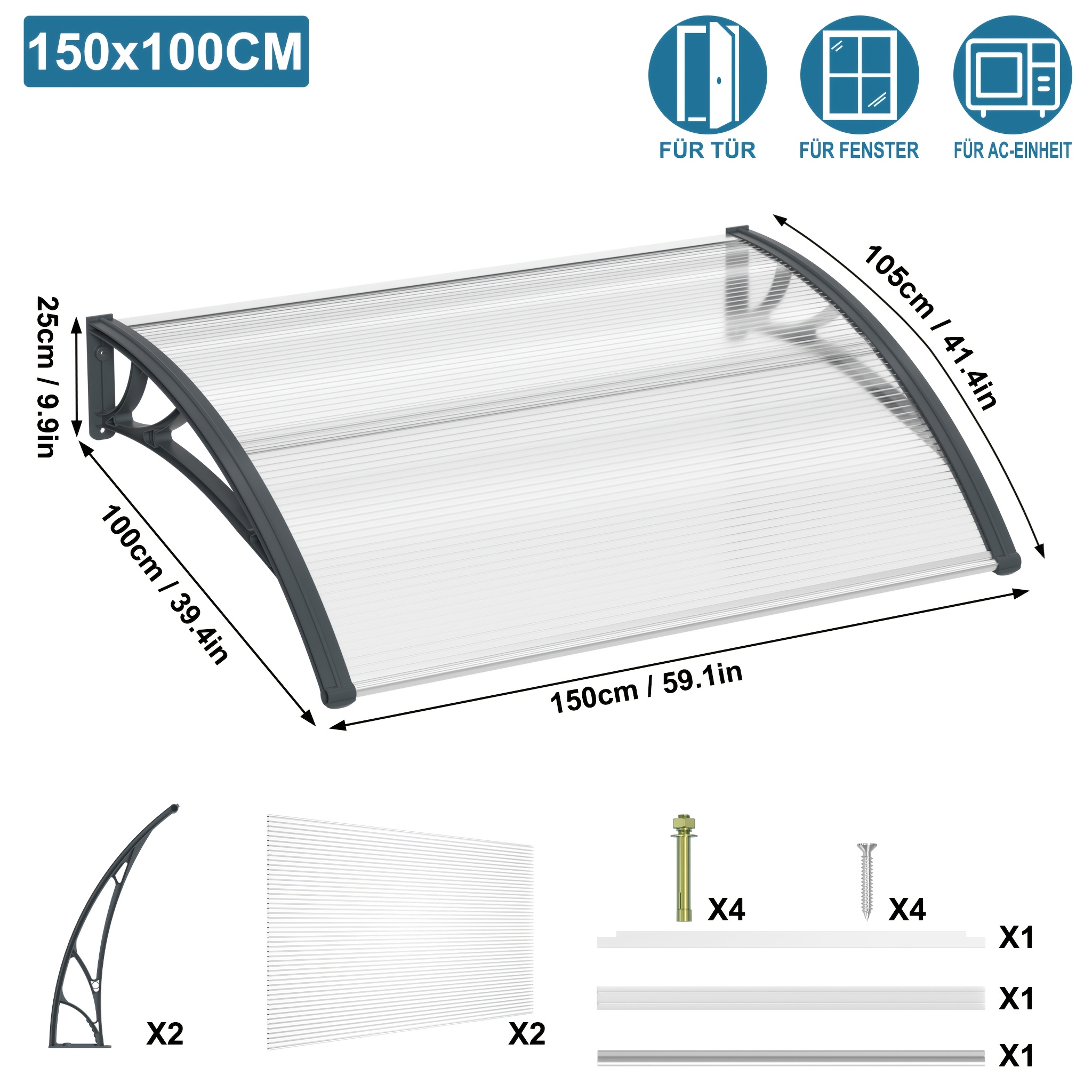 Canopy For Front Door, Canopy Pent Arch Canopypolycarbonate, Pp Bracket For Outdoors Sun Protection Rain Protection, Grey