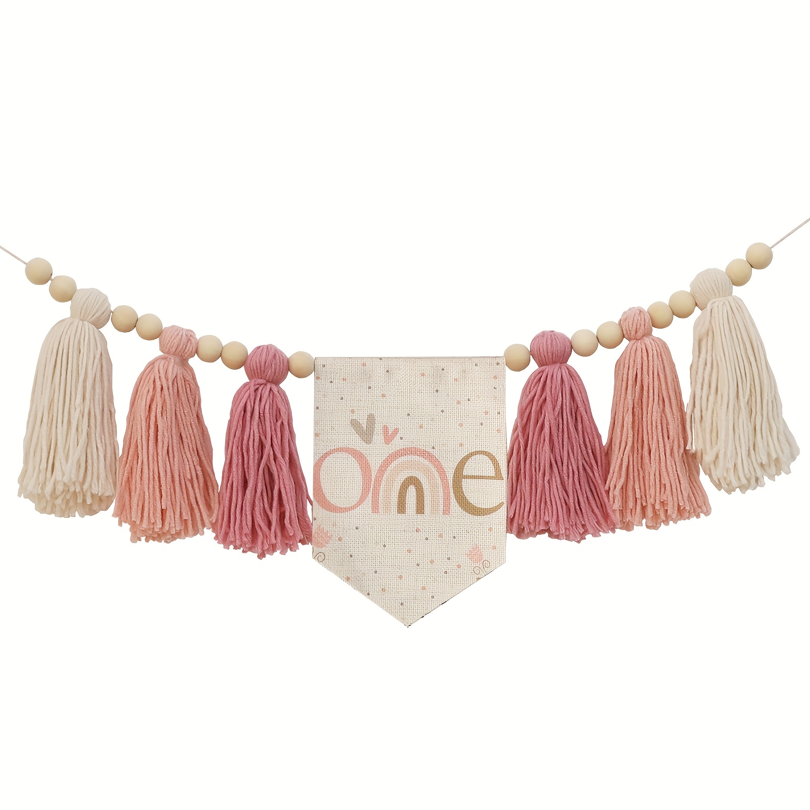 Image of 1pc Handmade Pink Rainbow Tassel Highchair Banner Is Suitable For Birthday Party Decorations, Highchair Decorations, Room Decorations