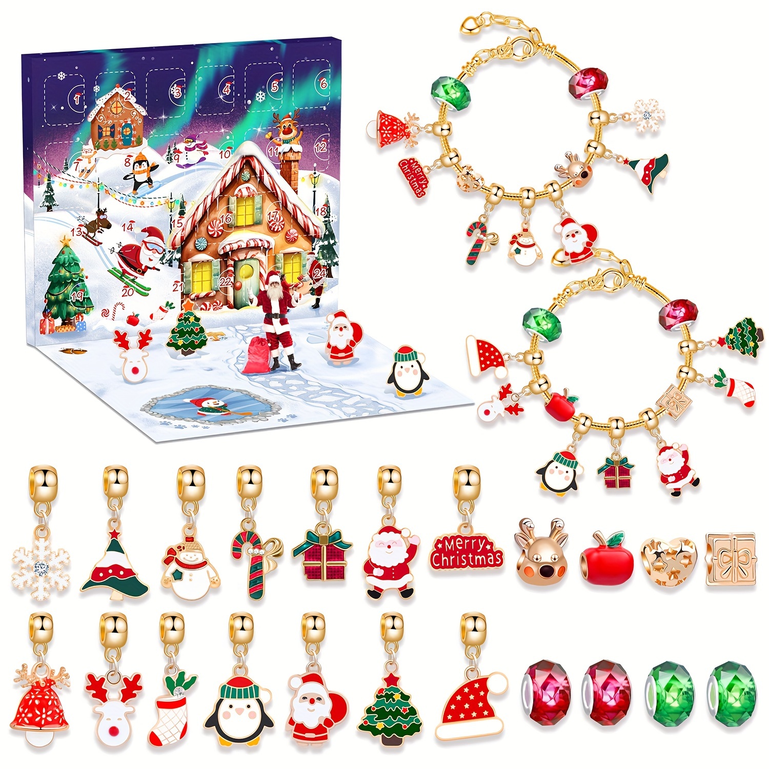 Image of 2024 Christmas Advent Calendar Bracelet Making Kit, 24 Days Xmas Countdown Calendar Jewelry Making Kit Gift 22 Charm Beads 2 Bracelets, Christmas Jewelry Gifts