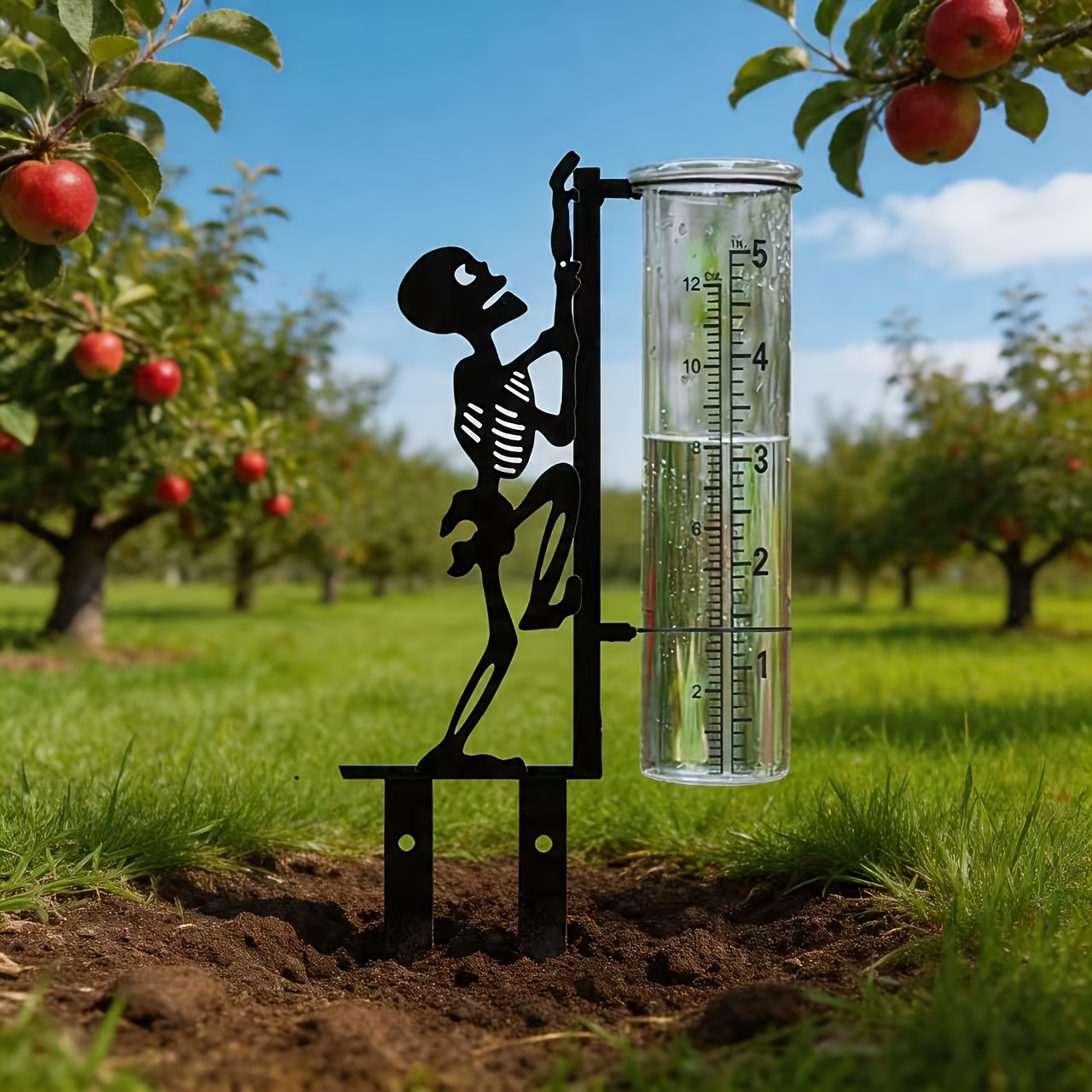 TEMU Outdoor Rain Gauge(with Glass Measuring Cup), Metal Quirky Skeleton Rain Gauge Suitable For Gardens, Courtyards, Patios, And Lawns, With Large