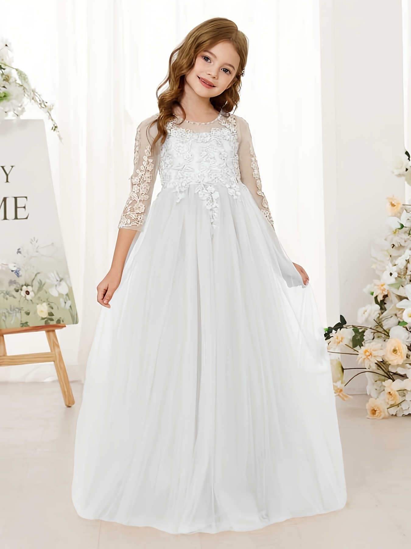 modest long sleeve formal dresses Dusty Blue A-Line Evening Gown | 3/4 Sleeve Lace Bodice Dress with Tulle  Overlay | Modest Formal Dress GL3629 main image 0