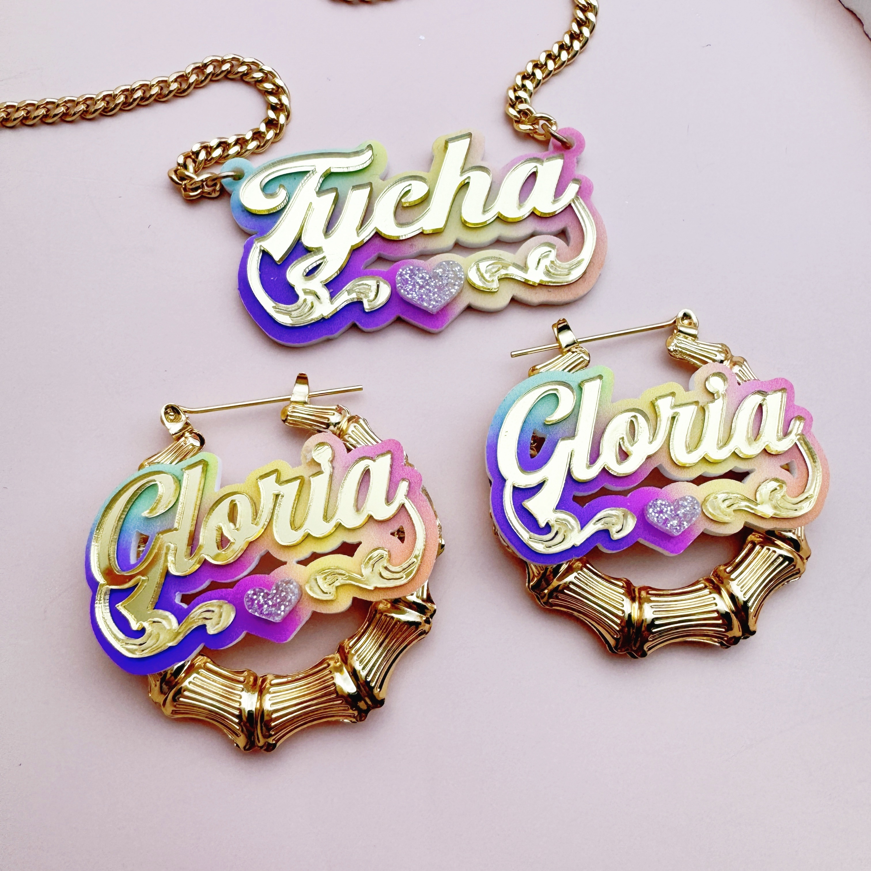 

Personalized Acrylic Name Earrings And Necklace Set: Y2k Rainbow Gradient Charm - & - - Party Gift - Seasonal - Cubic Chain 45cm