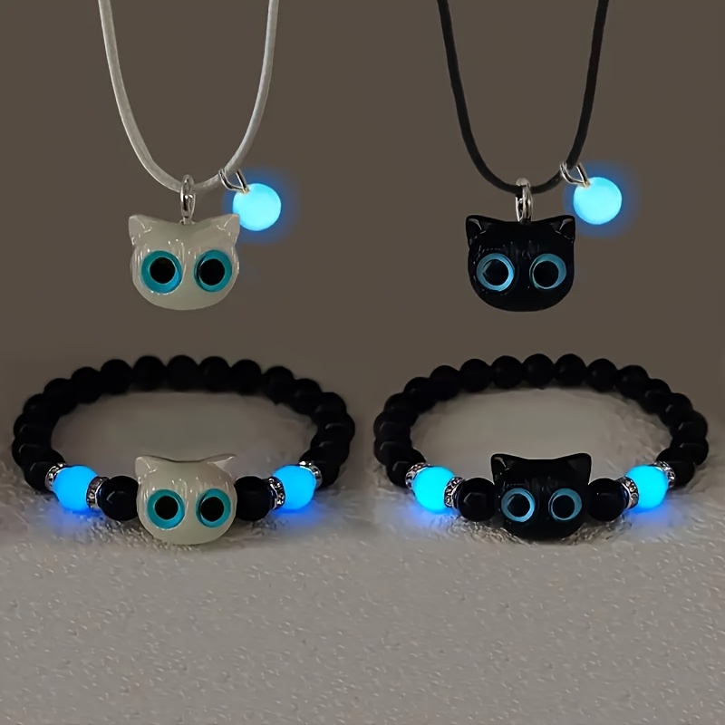TEMU 4pcs Set, Retro Bohemian Style, -the-dark Cat Jewelry, Adjustable Elastic Beaded Bracelets & Necklaces, Cute Resin & Glass Embellishments, Parties, Gifts, Christmas, All-year Wear