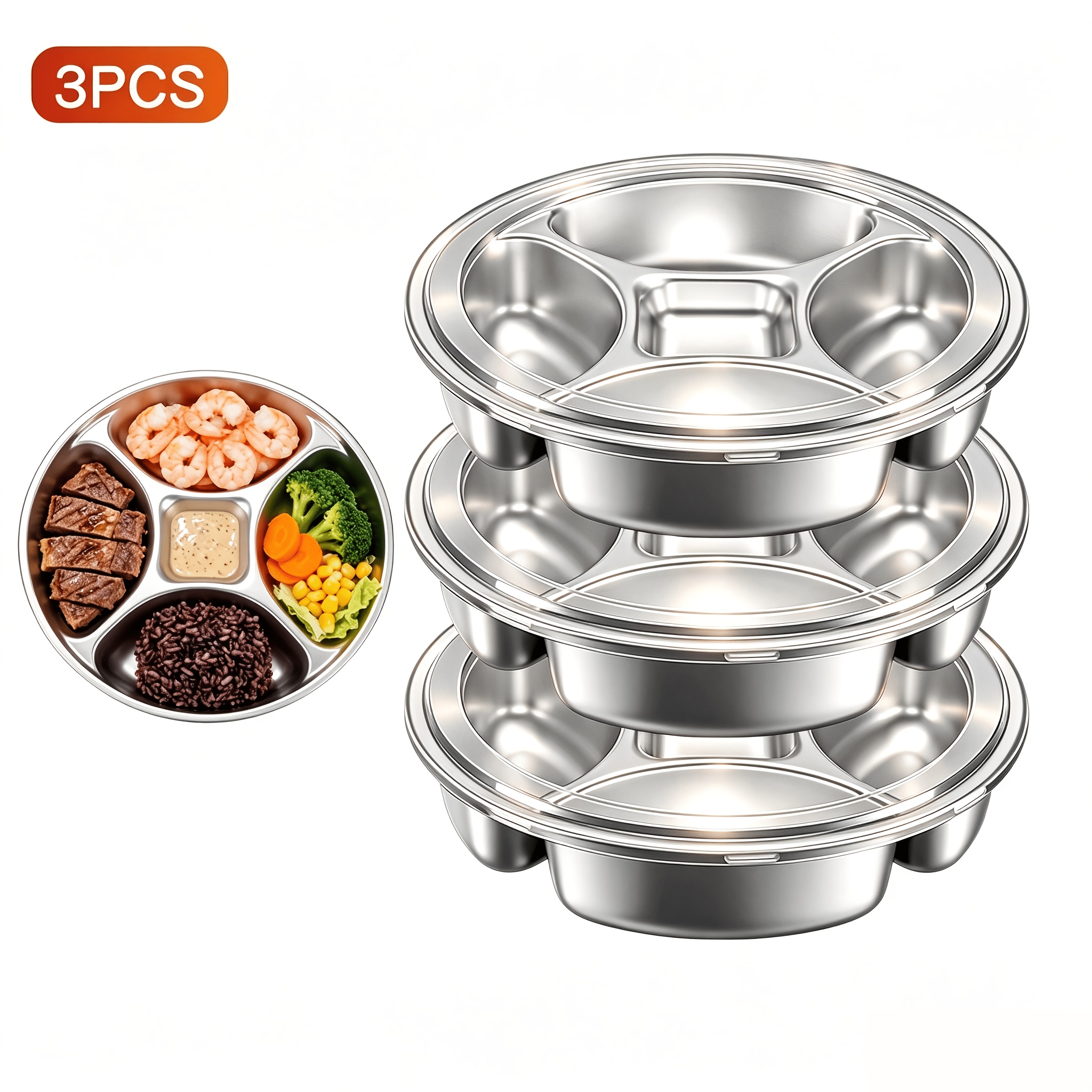 TEMU 3pcs Stainless Steel Divided Plate 5 Compartment For Sauce Salad Snacks Meal Prep Round Tray Food Serving Platter ( 2 Pack 8.8")