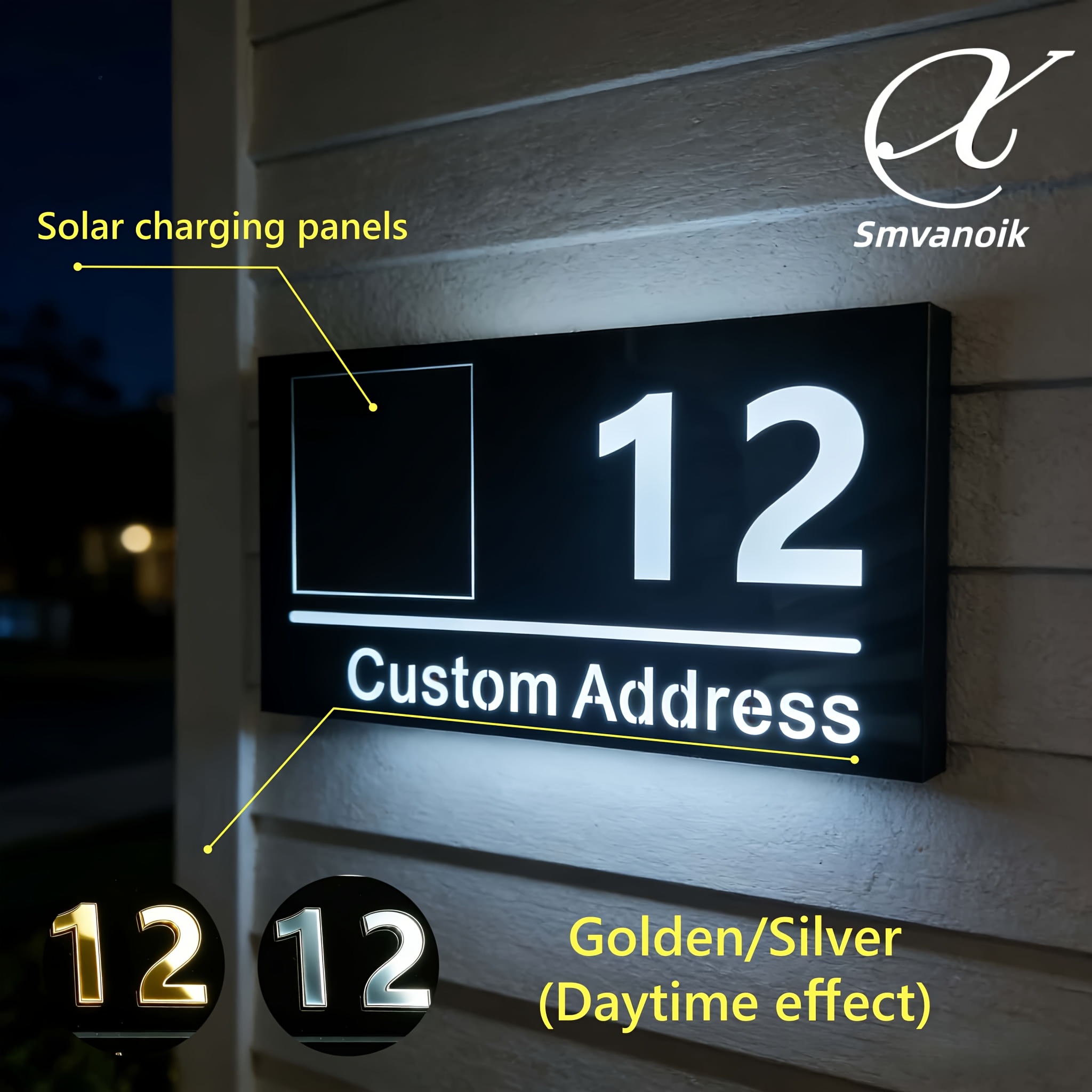 customizable light up address number plate door sign solar powered led illuminated address information board golden silvery mirror acrylic light up door sign no wiring required   suitable for apartments companies gardens