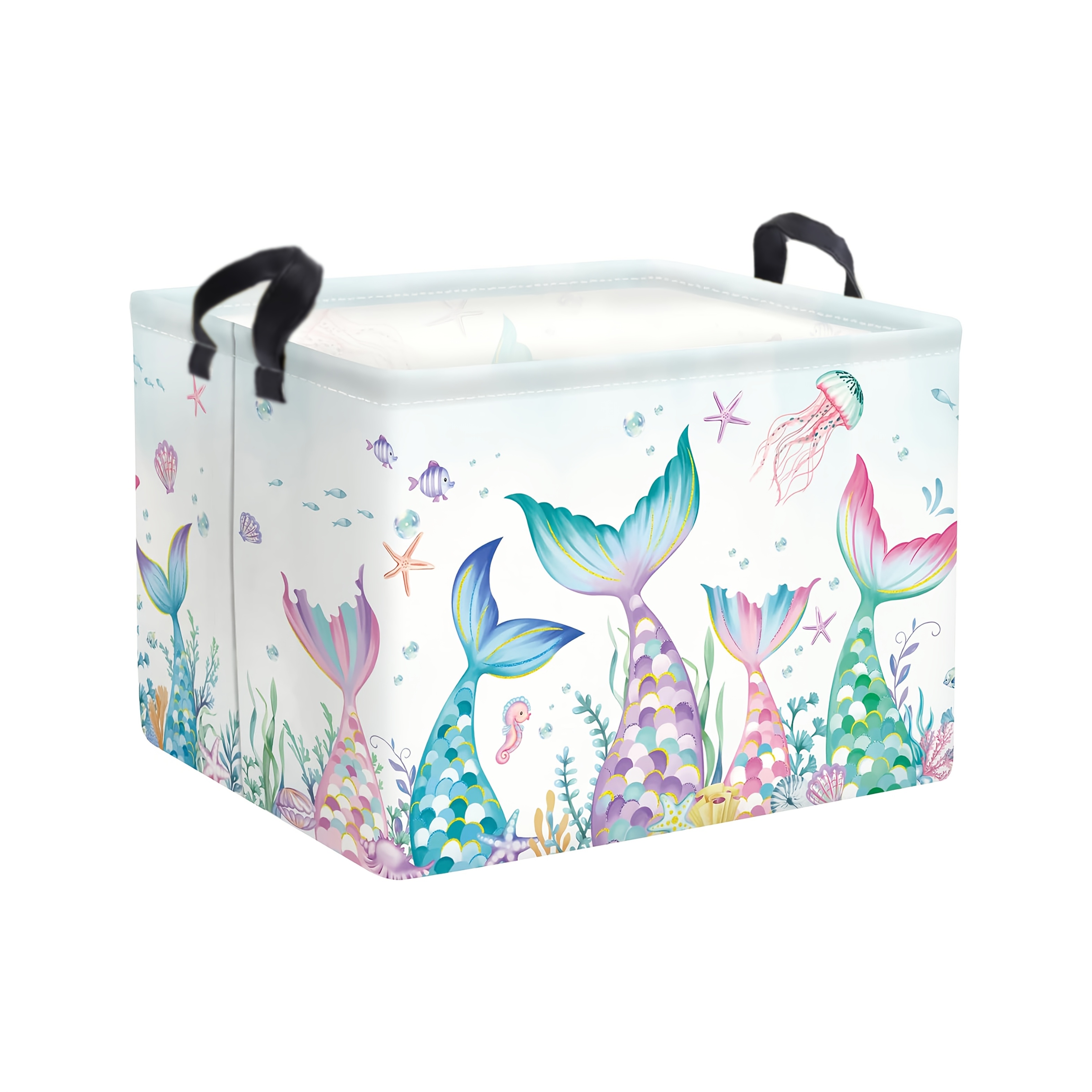 TEMU 1pc Dokriy, Mermaid Tail Underwater Square Storage Basket With Handles, Foldable Fabric Organizer Bin For Home Closet, Laundry And Storage
