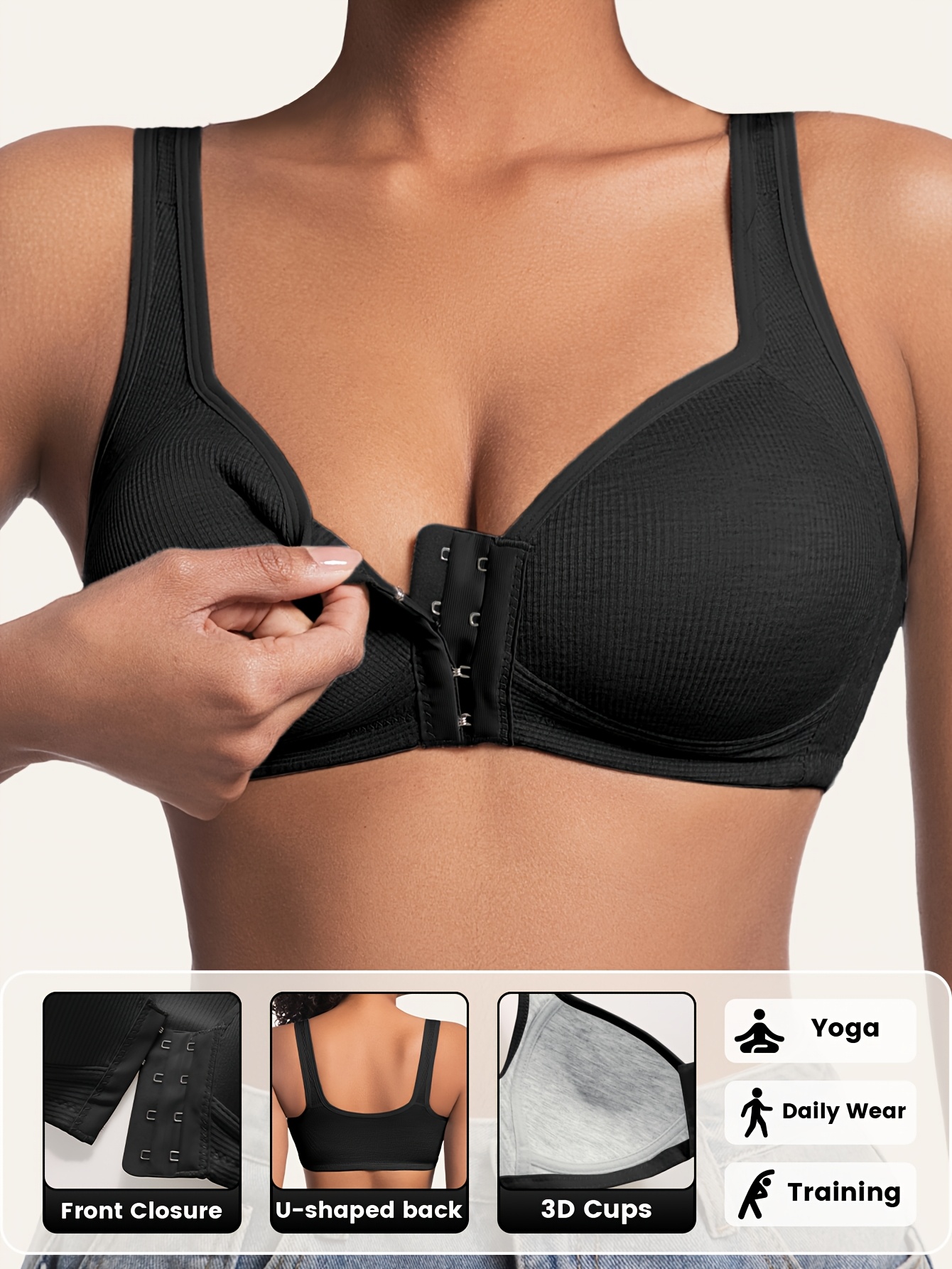 1pc Women's Solid Color Everyday Casual Bra, Wire-Free Non-Removable Pads, High Comfort Breathable Underwear with Front Closure, Wide Anti-Slip Straps, Push-Up Design, 6 Colors Available, Suitable for Dating, Dining, and More, All-Season Wear