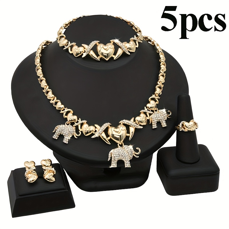 TEMU Classic Xo Dubai Jewelry Set - Necklace, Bracelet, Earrings & Ring | Sparkling Wedding Accessories, Vintage Symbol For Christmas Gifts, Wear (no Plating)