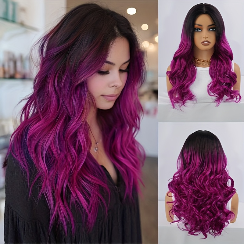 Image of 20 Inch Long Body Wave Wig, Ombre Dark Root To Magenta Purple & Light Pink Synthetic Hair, Heat Resistant Looking Easter Wig For Women, Perfect For Easter Party, Festival & Cosplay