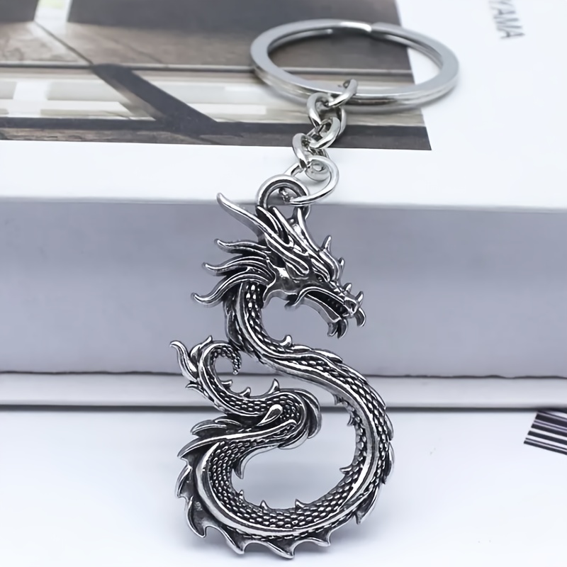 1pc Vintage Silvery Alloy Dragon Shaped Keychain Pendant, Birthday Or Other Festival Gift, Creative Fashion Item, Retro Style