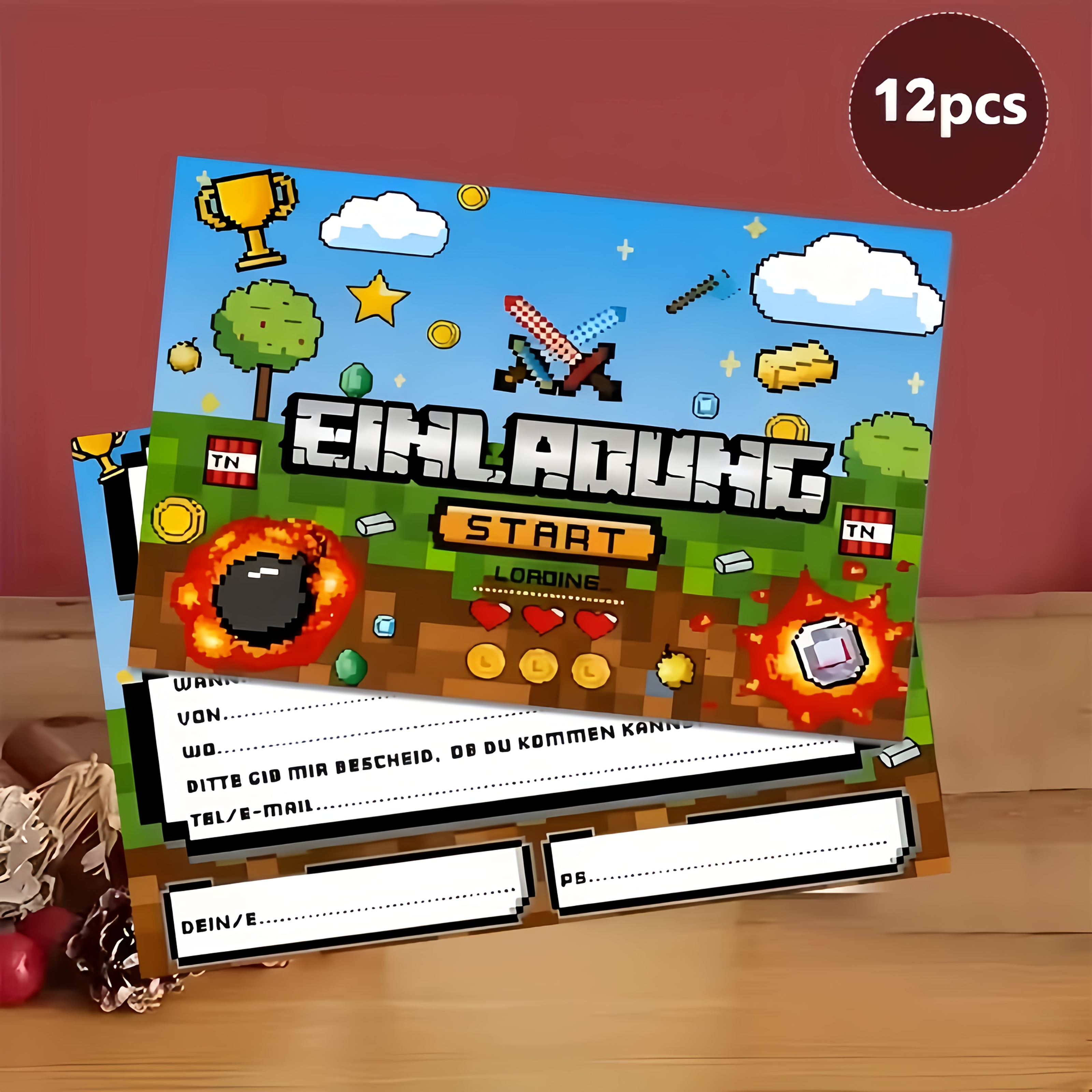 E-shop 12 Stück passend für Geburtstagsparty-Einladungen & Dekorationen – -Thema Retro-Videospiel-Papierkarten mit Text für Teenager, für