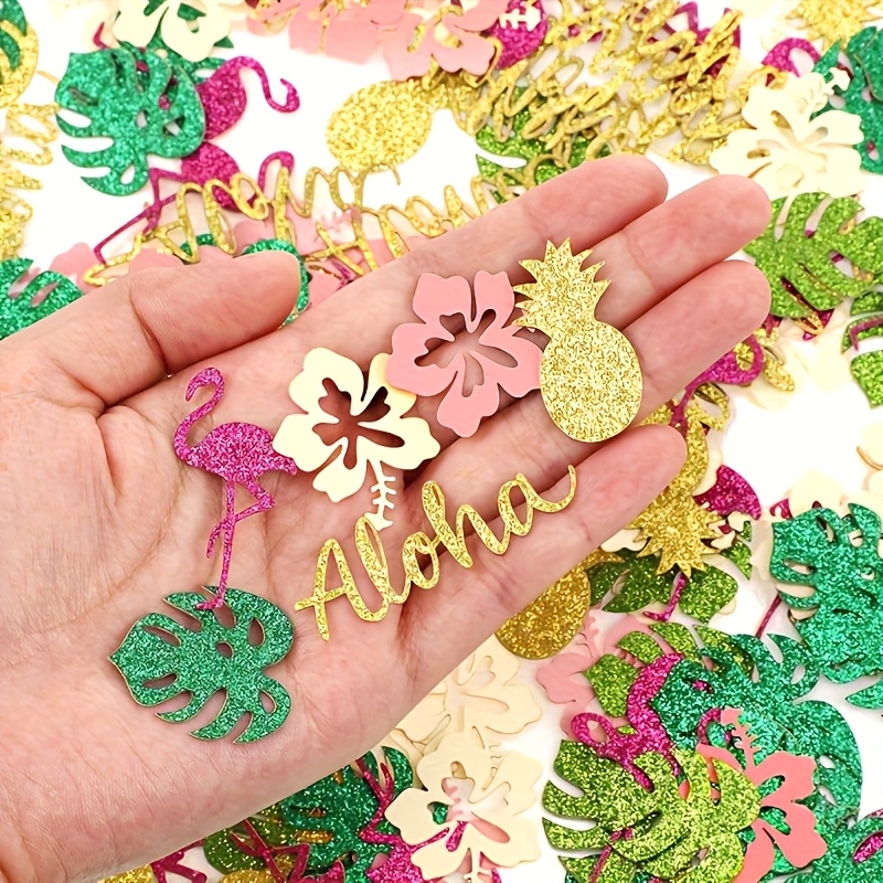 Image of 99pcs Confetti - Flamingo Pineapple Palm Leaves Summer Golden Pink Green Leaf Party Decor - Suitable For Birthday Parties, Balloon Decor, Baptisms, Pool, Beach, Jungle Wedding Party Table Decorations